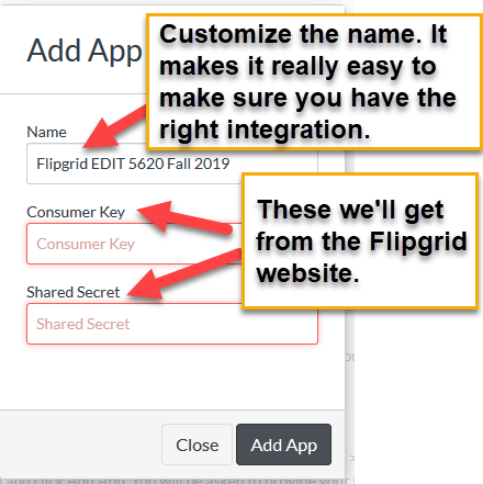 Title: App configuration - Description: Customize the name. It makes it really easy to make sure you have the right integration. You get the consumer key and shared key from the Flipgrid website.