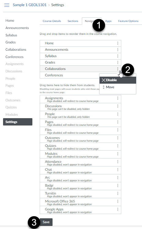 Course Settings Navigation Control Interface with step 1 selecting the Navigation tab step 2 selecting a navigation item to disable or move step 3 saving changes