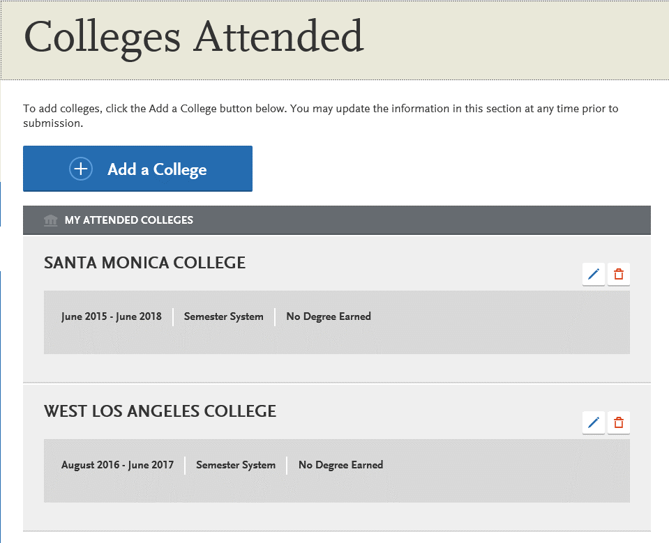 Review all colleges attended