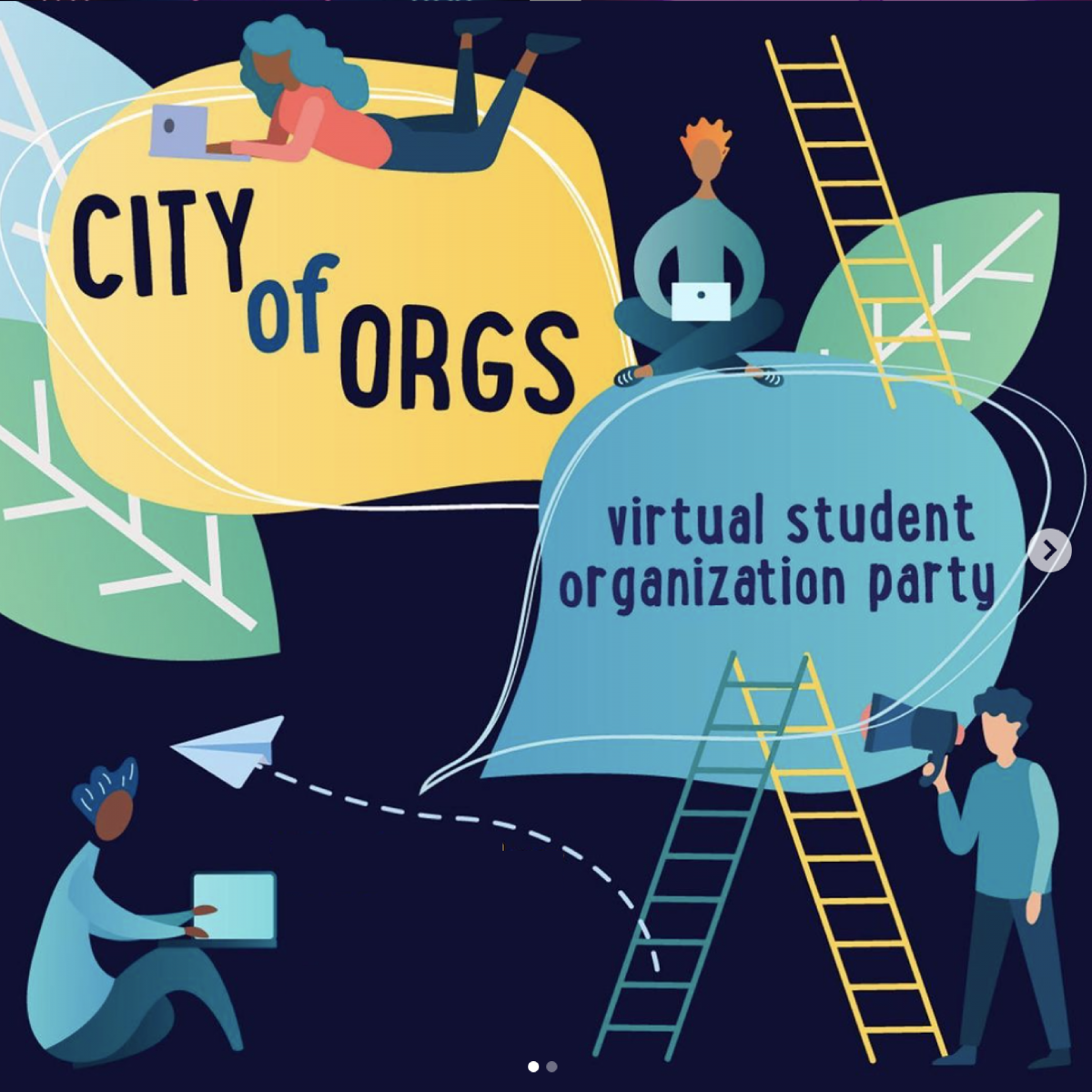 Illustration of students in various poses on their laptops.