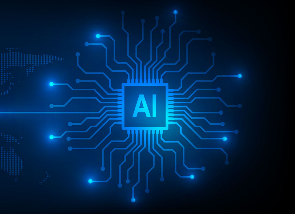 AI computer chip surrounded by circuit traces