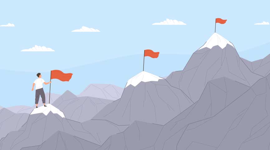 An illustration of a person climbing a mountain with three peaks and a red goal flag on each peak.