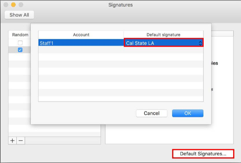 Default signatures dialog box