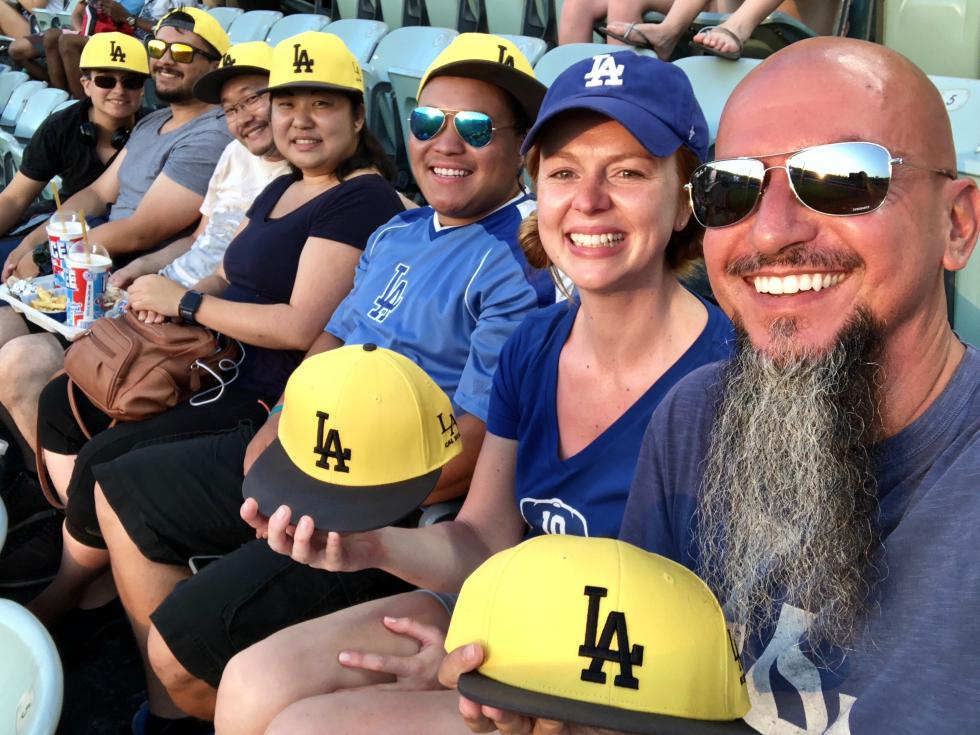 Cal State LA physics graduate students show off their Dodgers hats in Cal State LA colors!