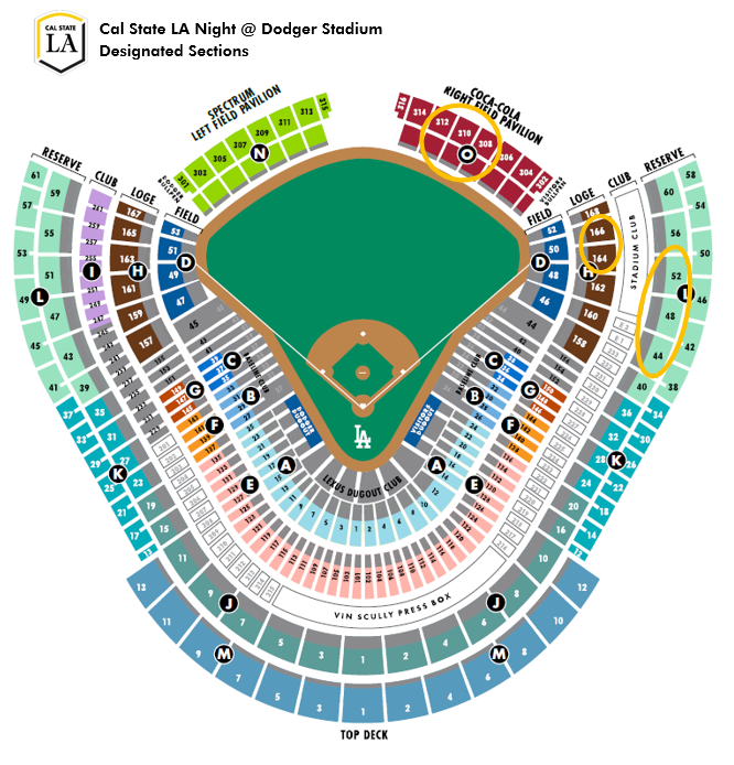 Cal State LA Night at Dodger Stadium Designated Sections Map