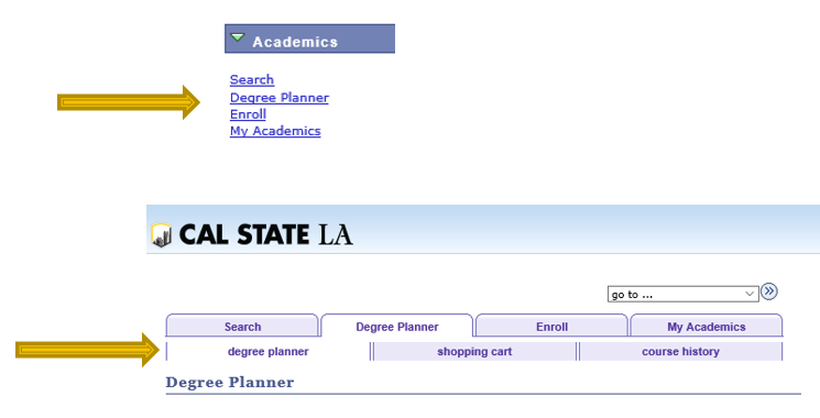 Navigation to Degree Planner on the Student Self Service page within Golden Eagle Territory