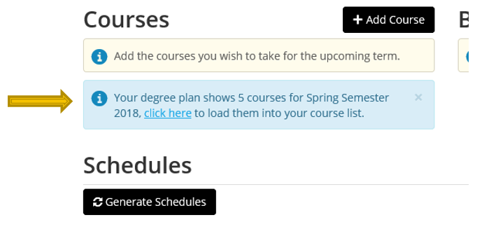 Degree Planner's Scheudle Planner page with degree plan link highlighted.