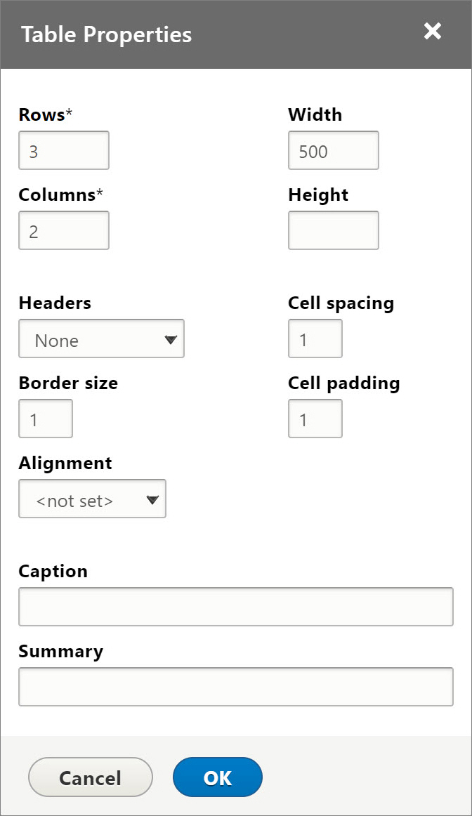 Table Properties dialog box