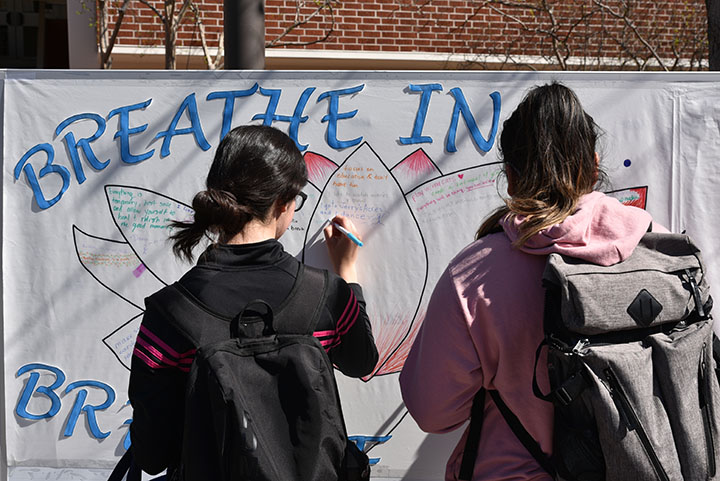 Two students writing on a board.