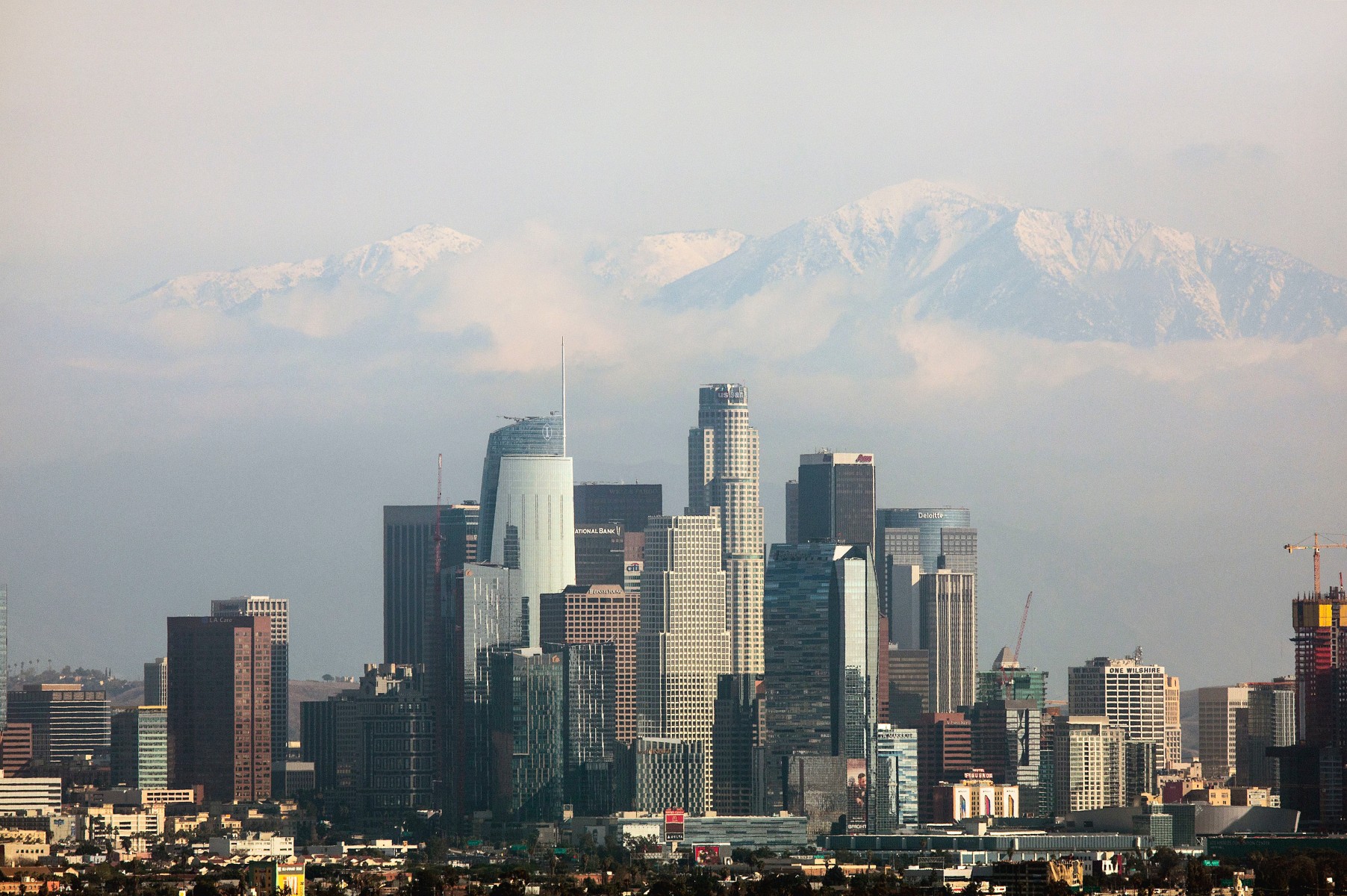DTLA skyline with mountains in the background. 