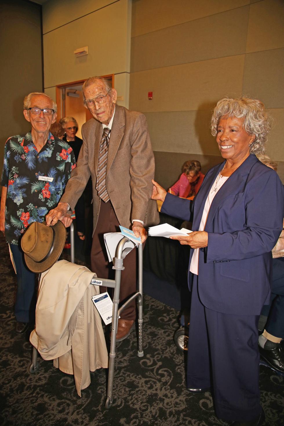 Don Dewey, Len Mathy, T. Jean Adenika at spring 2016 luncheon