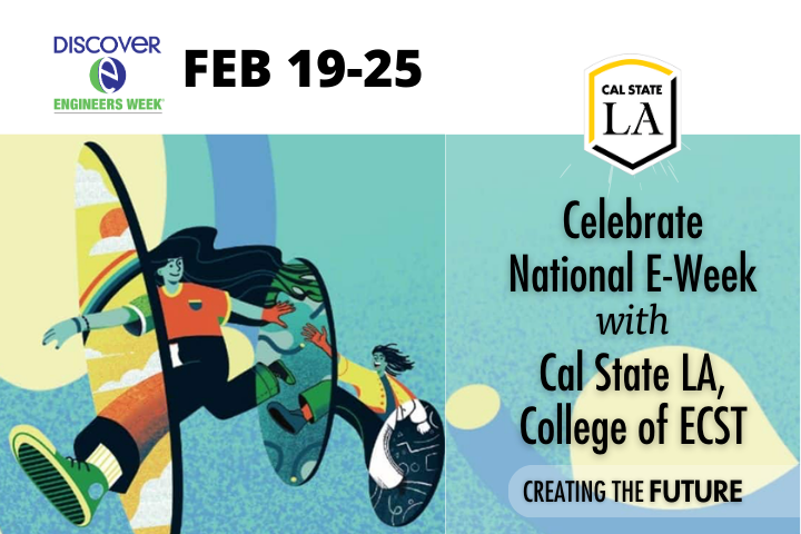 national eweek theme illustrating students running through portal in blue
