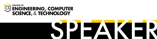 ECST logo. Speaker on black background with yellow strip.