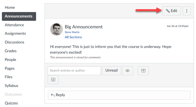 Editing an announcement in Canvas