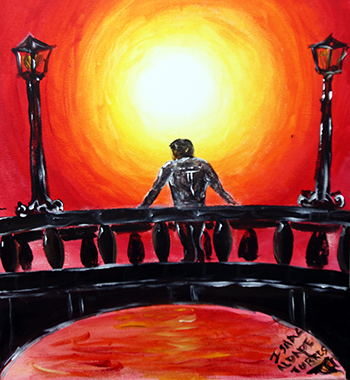 Photo of artwork by Isaac Aldape, featuring a back of a person on a bridge looking at a sunset.