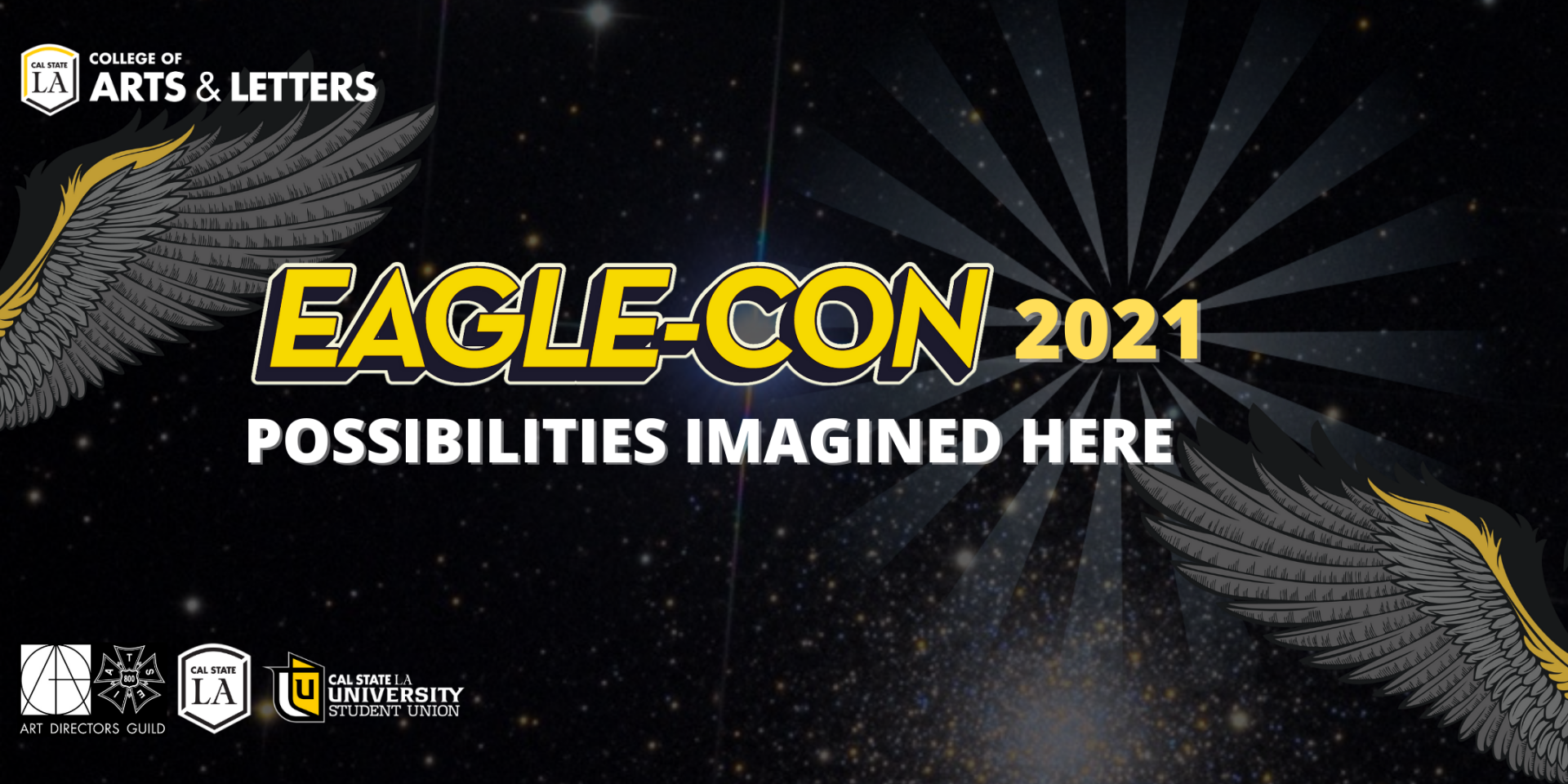 Art work of  Eagle wings over space background with text Possibilities Imagined Here