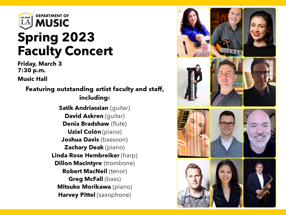 Faulty Concert Graphic with multiple Music Department faculty and staff members' photos