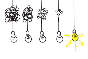 illustration if several tangles light bulbs hanging unlit, and one with a straight cord shining bright