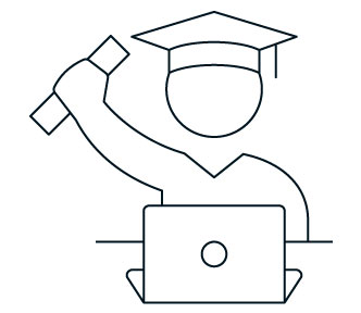 Outline drawing of grad in cap and gown holding up diploma sitting behind laptop