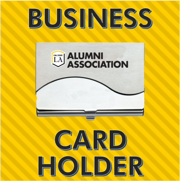 image description: photo of stainless silver business card holder with Alumni Association logo. Text reads "business card holder"