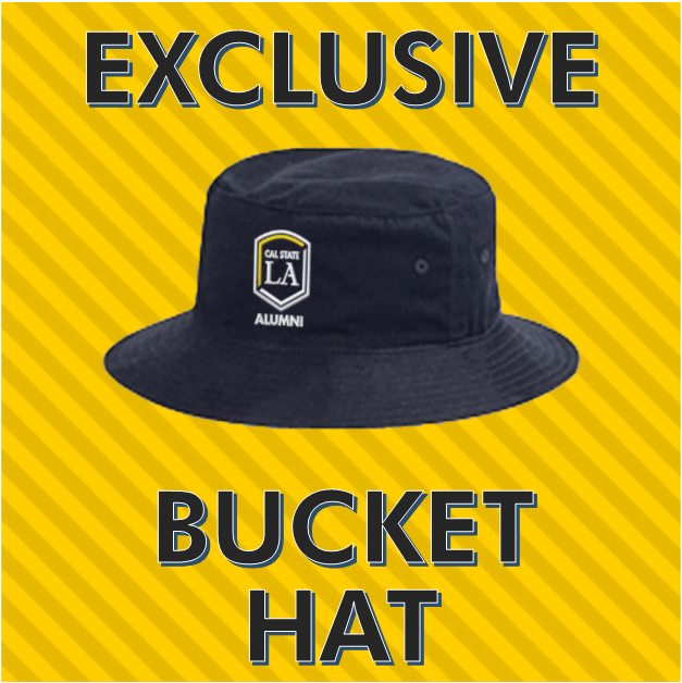 Image description: Black bucket hat with alumni logo. text states: exclusive bucket hat
