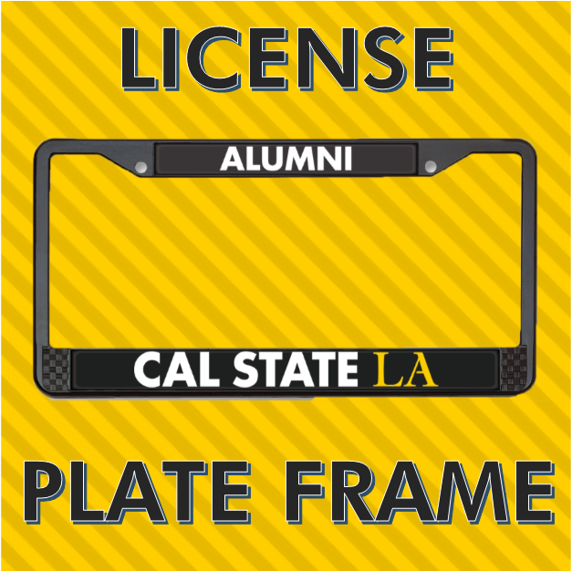 image description: license plate frame in matte black with white text stating: alumni, cal state la