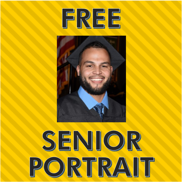 Image description: Portrait of male graduate wearing cap and gown. Text reads "free senior portrait"