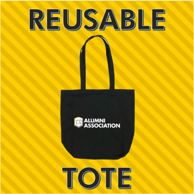 Image description: Reusable tote bag in black with alumni association logo
