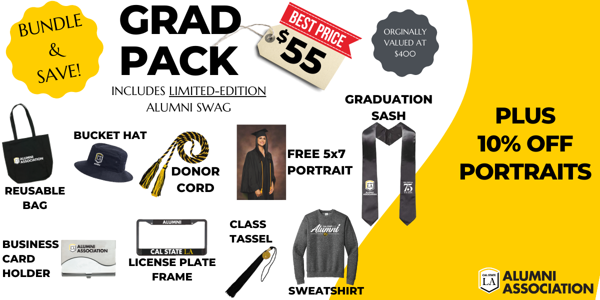 Bundle and save by buying a Grad Pack! For only $55, the Grad Pack includes the following limited-edition alumni swag: reusable bag, bucket hat, donor cord to wear at Commencement, free 5 by 7 portrait, graduation sash, business card holder, license plate