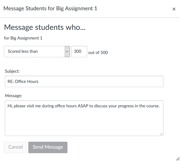 Screen when messaging students from the Gradebook