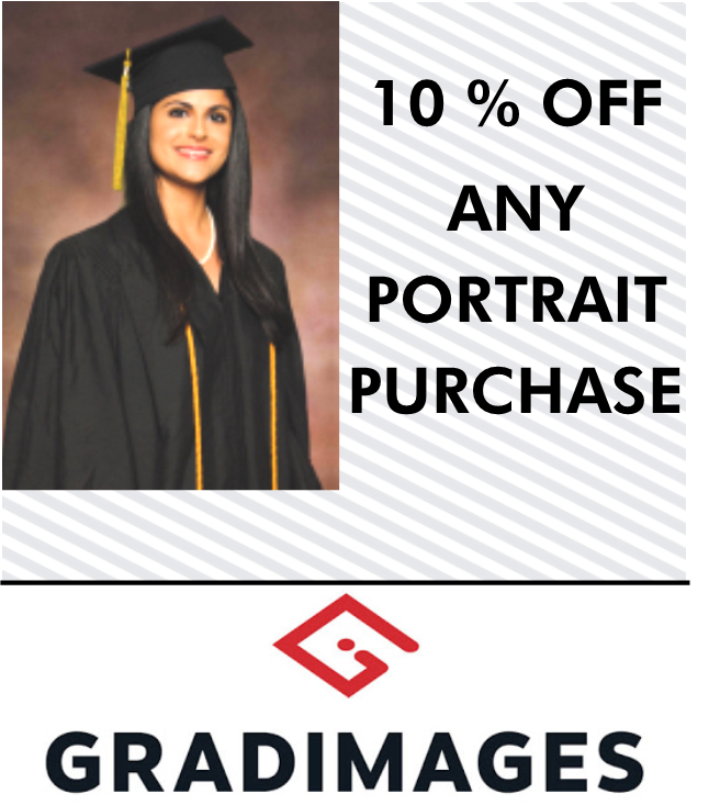 Image description: Portait of female graduate in commencement regalia. Text reads 10% off any portrait purchase with GradImages