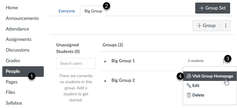 Viewing a group homepage in a course