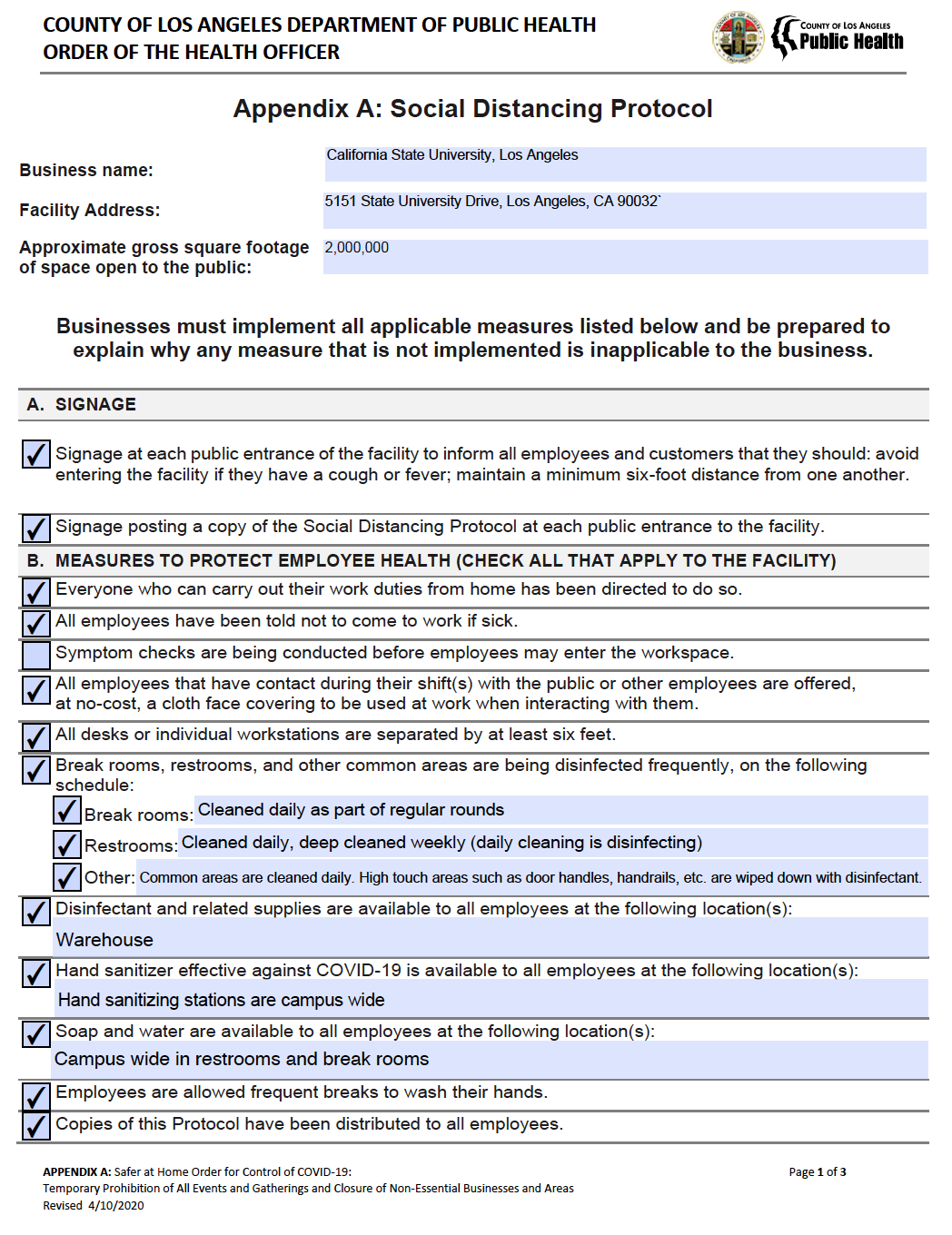 County of Los Angeles Social Distancing Protocols Page 1