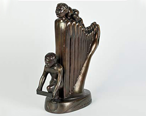 A harp like sculpture with people