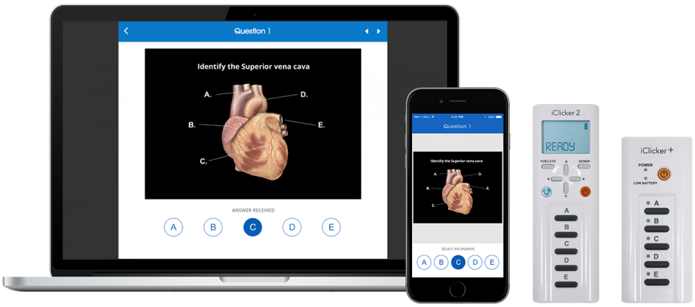 Device options for students, laptop, smartphone or iClicker.