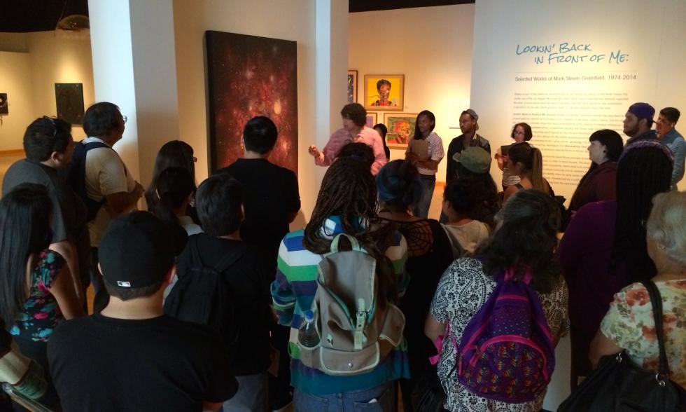 Mark Greenfield with students in his Solo Exhibition at the California African American Museum