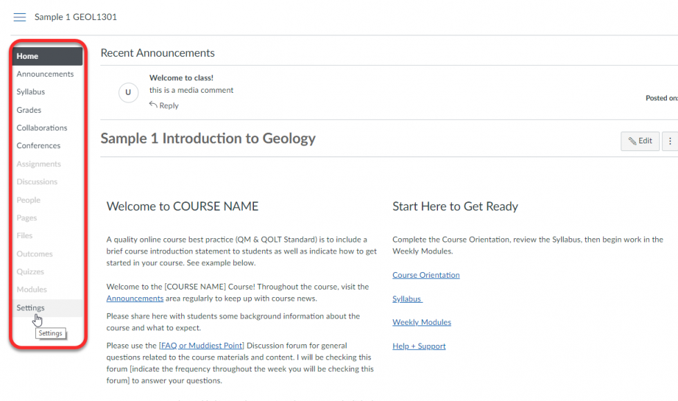 Instructor view of a Home Page with Course Navigation Highlighted and the Settings option preselected