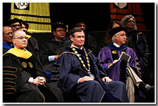 President William A. Covino, left, and CSU Chancellor Timothy White listen to the speakers at the Investiture ceremony on May 9.