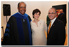 Former Cal State L.A. President James M. Rosser, left, Dr. Debbie Covino, center, and President William A. Covino