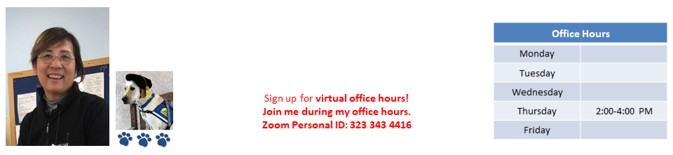 A picture of Dr. Kimm and her service dog "Caffrey": Join me between 2-4 pm on Thursday through Zoom ID: 323 343 4416