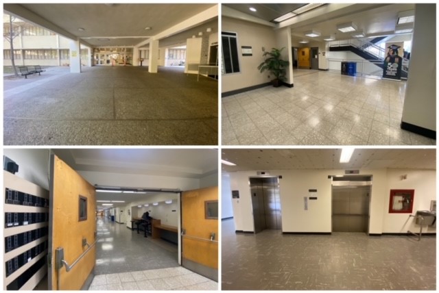 A four-panel photo collage showing the entry doors to King Hall, a view looking left after entering, the double doors to the North wings, and the North elevator bay.