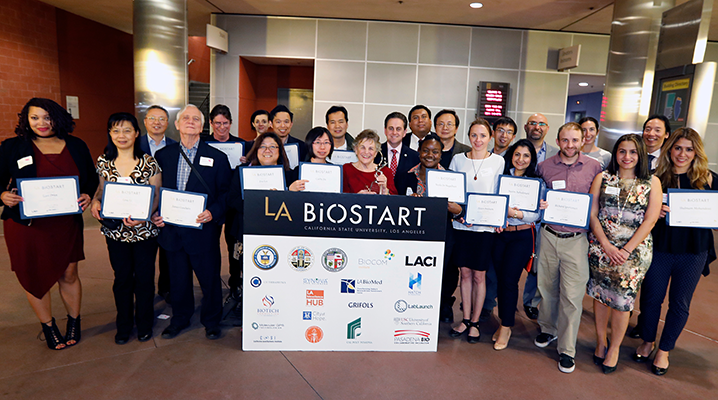 Members of the second class of LA BioStart fellows with university and regional bioscience leaders at the Feb. 16 event