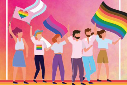 A group of people waving flags, one person wears a t-shirt with a rainbow pattern, a couple of people waive flags with rainbows.