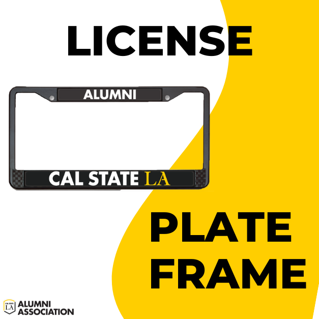 Matte black license plate frame with alumni on top and cal state la on the bottom