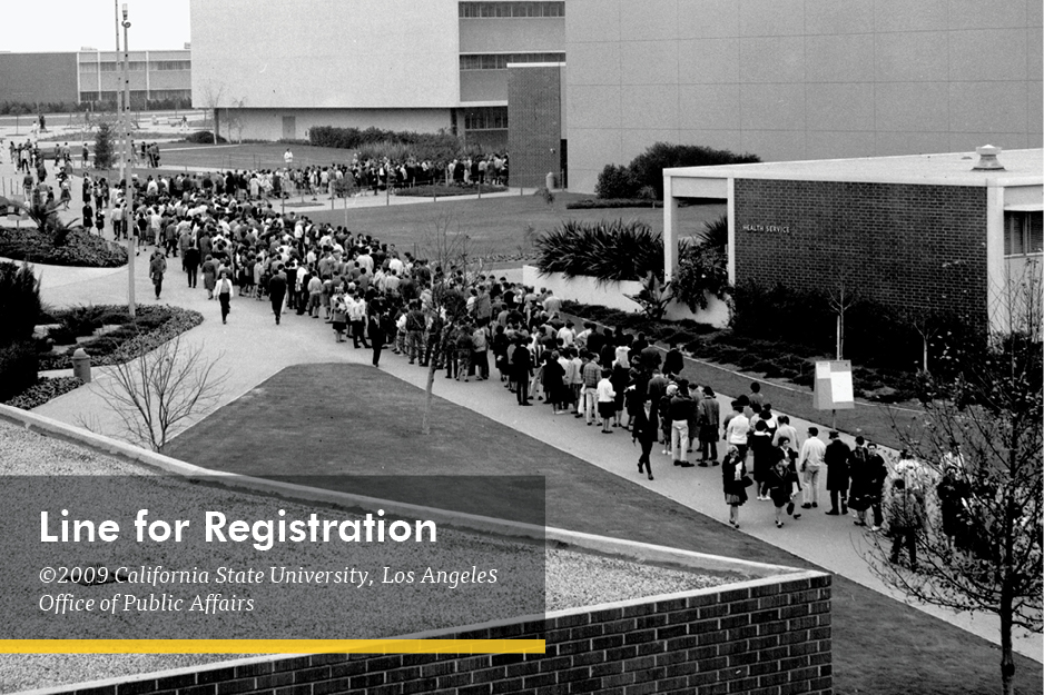 Long line of people waiting to register. Text: Line for registration. Copyright 2009 California State University Los Angeles Office of Public Affairs