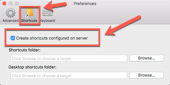 Uncheck "create shorcuts configured on server" 