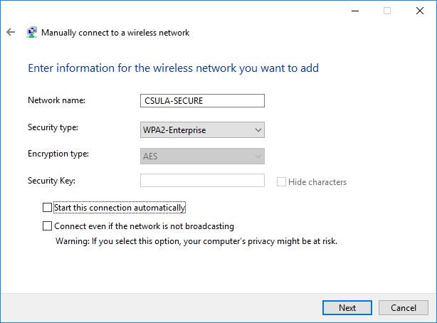 WiFi Settings Manually connect to a wireless network field settings