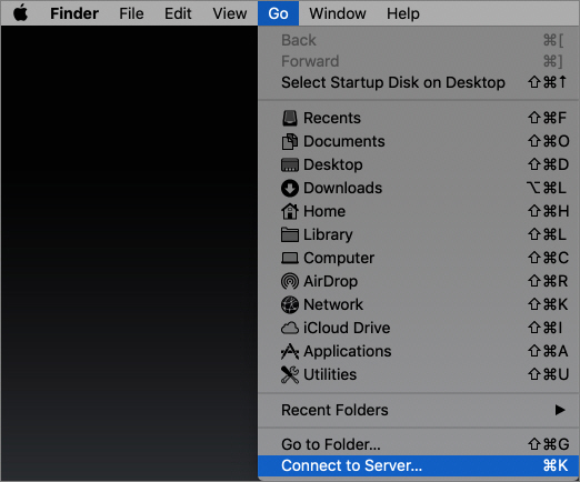 From the Apple menu, select Go then select Connect to Server