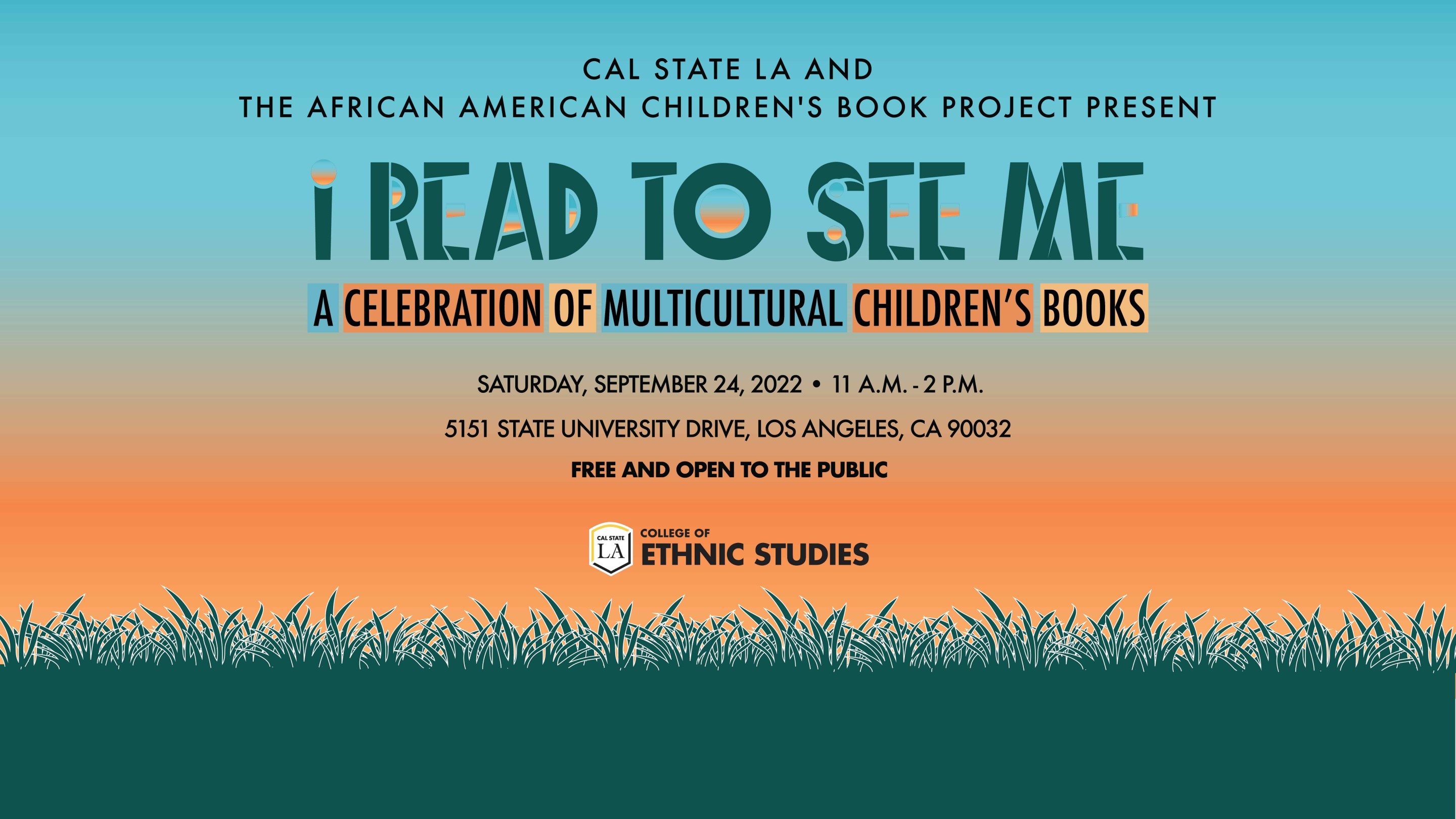 An illustration with decorative type that says Cal State LA and The African American Children's Book Project present I read to see me, a celebration of multicultural children's books.
