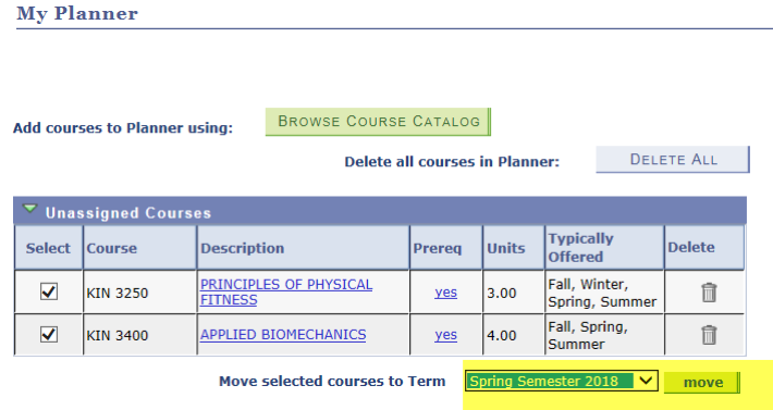 Unassigned Courses which includes highlighting on the Move Selected Courses to Term drop down and button
